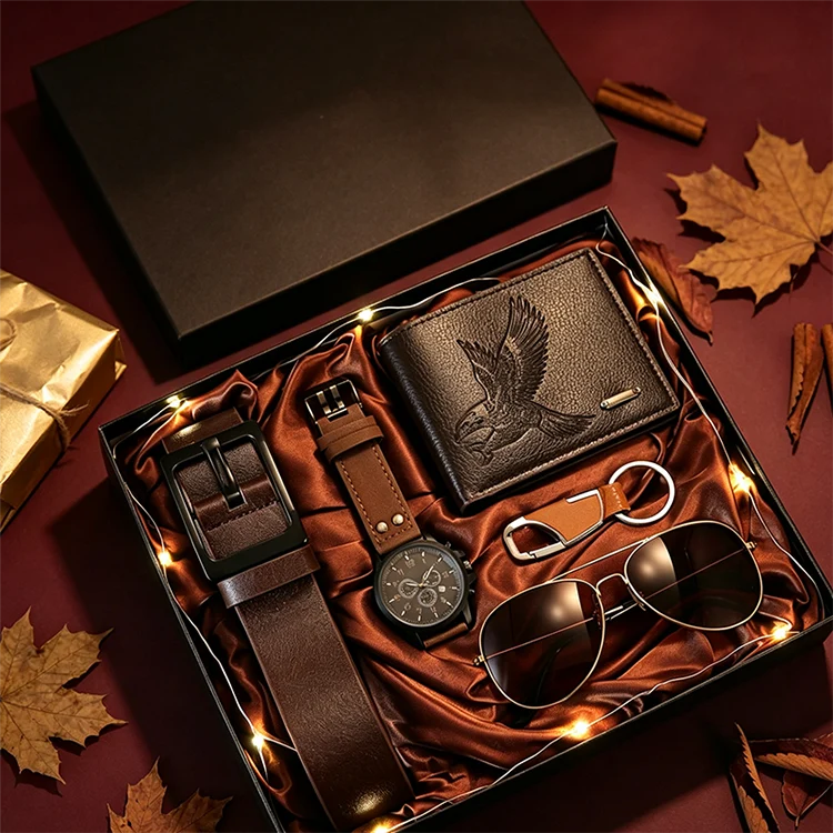 📢📢50% DE RÉDUCTION !! ⏰Coffret Cadeau pour Homme avec Montre, Portefeuille, Ceinture, Lunettes de Soleil et Porte-clés